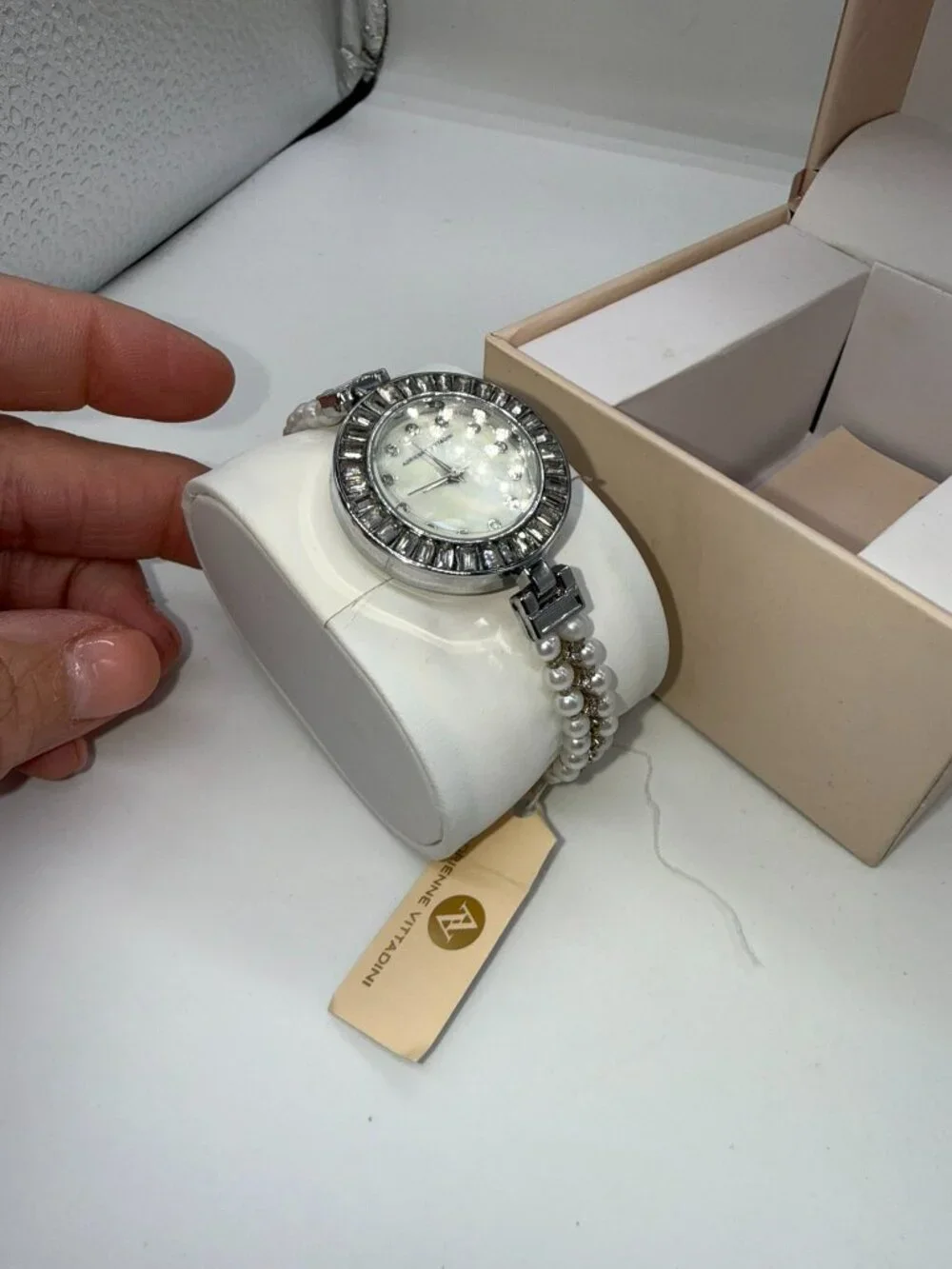 Adrienne Vittadini Women’s Pearl Crystal Watch Silver Tone Box Included